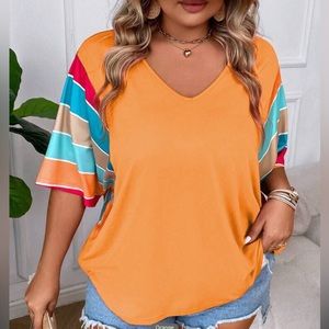 Plus Size Orange Colorblock Striped Sleeve Top NWT